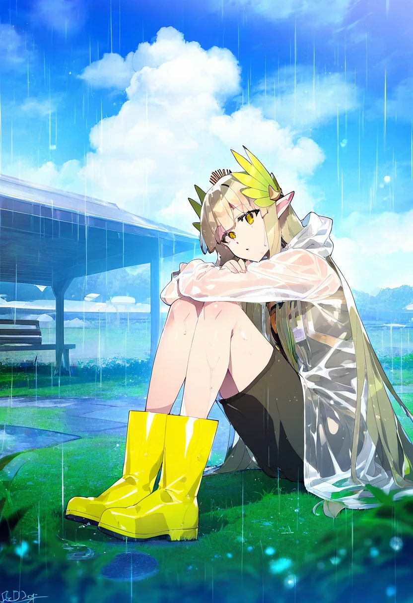 ((redrop)), - 1girl,muelsyse \(arknights\),arknights,cloudy sky,grass,on bench,outdoors,rain,road,yellow rubber boots,see-through coat,sitting,transparent raincoat,water drop,