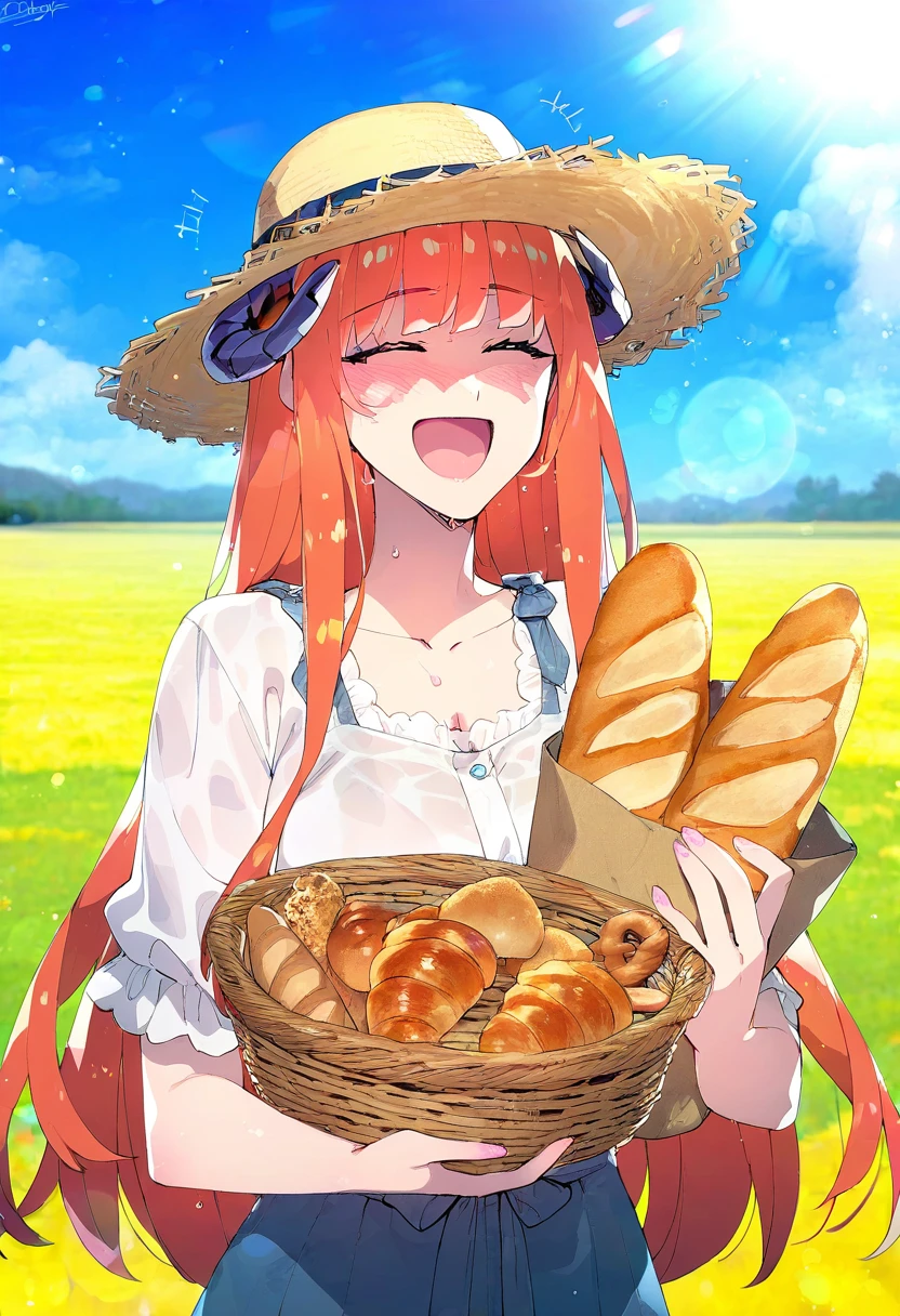 ((redrop)), - 1girl,bagpipe \(arknights\),arknights,baguette,blush,bread,croissant,holding basket,pretzel,upper body,straw hat,field,sky,laughing,sweat,sunlight,
