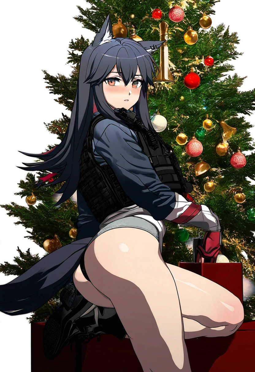 ((artists:kurahana chinatsu)), - 1girl,texas \(arknights\),arknights,underwear,tactical vest,christmas tree,christmas ornaments,