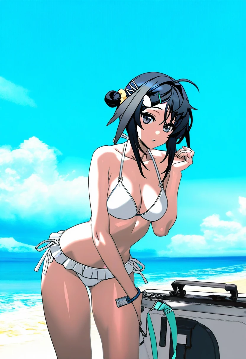 ((artists:kurahana chinatsu)), - 1girl,la pluma \(summer flowers\) \(arknights\),arknights,white bikini,outdoors,navel,day,sky,blue sky,beach,suitcase,looking at viewer,ocean,low-tied long hair,leaning forward,standing,holding,frills,hand up,bare shoulders,floating hair,