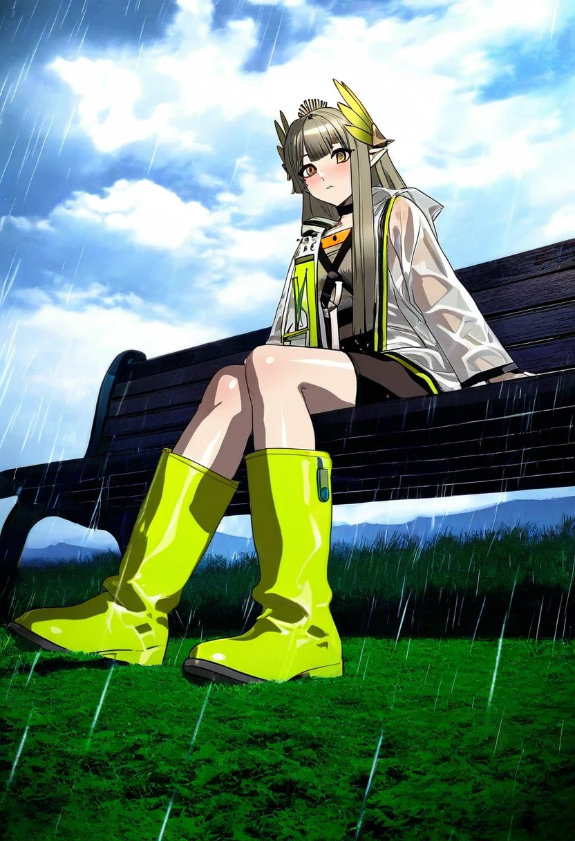 ((artists:kurahana chinatsu)), - 1girl,muelsyse \(arknights\),arknights,cloudy sky,grass,on bench,outdoors,rain,road,yellow rubber boots,see-through coat,sitting,transparent raincoat,water drop,