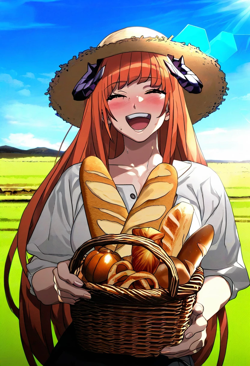 ((artists:kurahana chinatsu)), - 1girl,bagpipe \(arknights\),arknights,baguette,blush,bread,croissant,holding basket,pretzel,upper body,straw hat,field,sky,laughing,sweat,sunlight,
