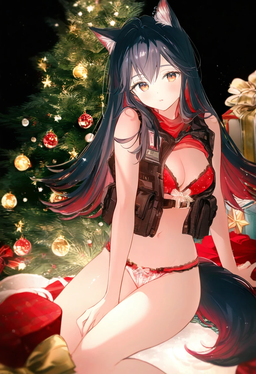 gomzi, - 1girl,texas \(arknights\),arknights,underwear,tactical vest,christmas tree,christmas ornaments,