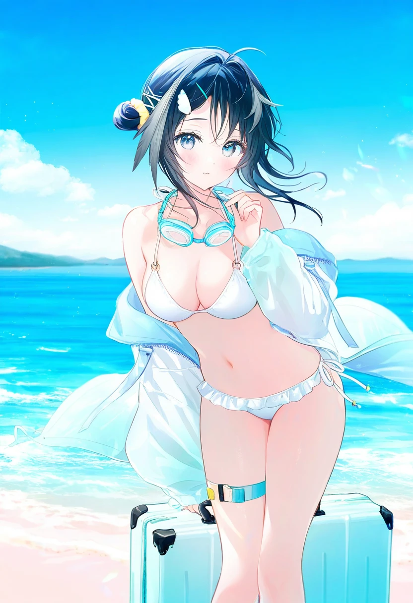 gomzi, - 1girl,la pluma \(summer flowers\) \(arknights\),arknights,white bikini,outdoors,navel,day,sky,blue sky,beach,suitcase,looking at viewer,ocean,low-tied long hair,leaning forward,standing,holding,frills,hand up,bare shoulders,floating hair,