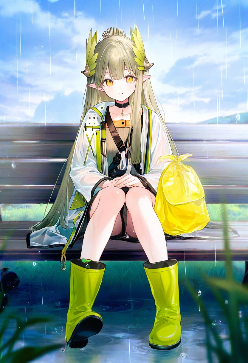 gomzi, - 1girl,muelsyse \(arknights\),arknights,cloudy sky,grass,on bench,outdoors,rain,road,yellow rubber boots,see-through coat,sitting,transparent raincoat,water drop,