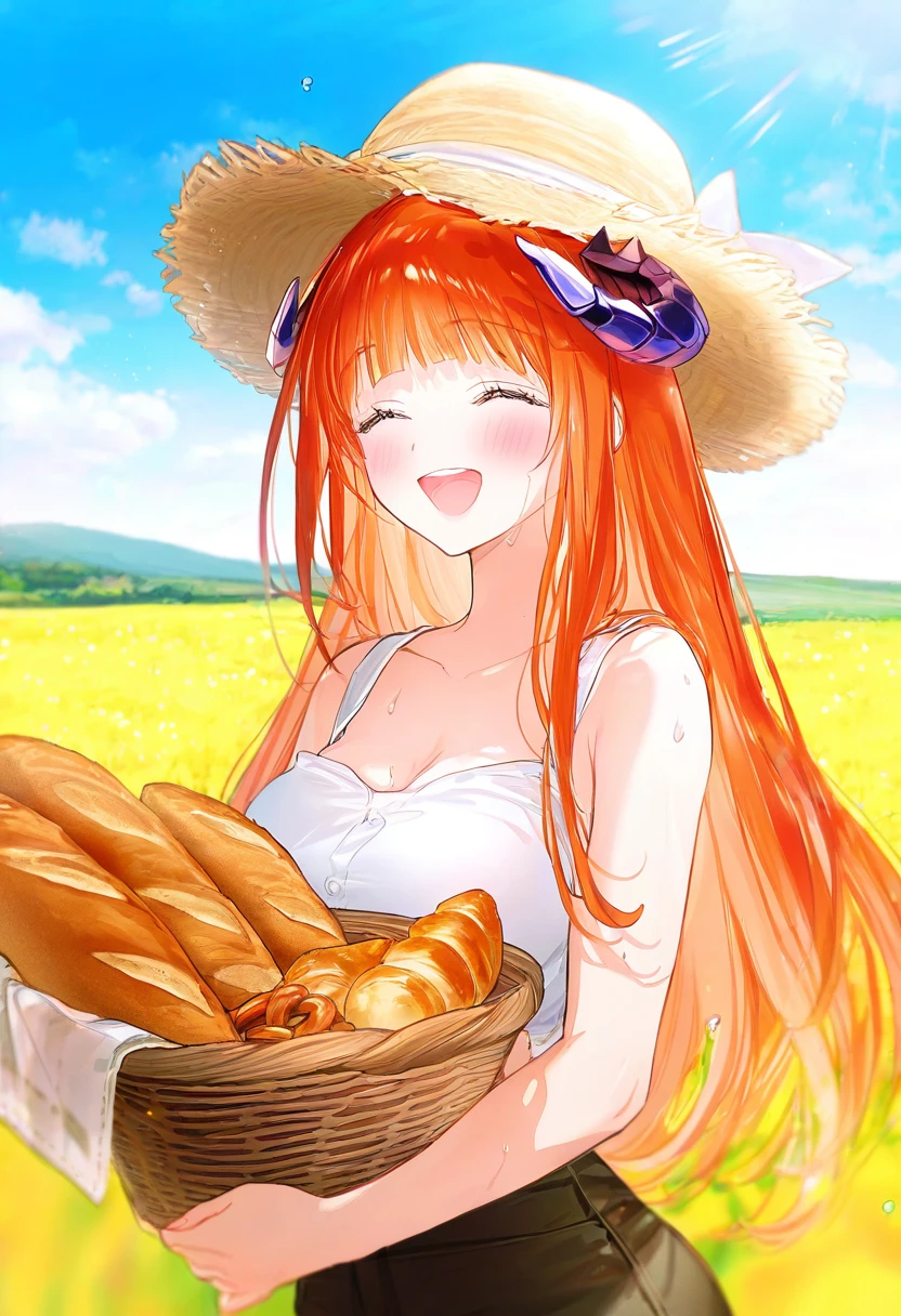 gomzi, - 1girl,bagpipe \(arknights\),arknights,baguette,blush,bread,croissant,holding basket,pretzel,upper body,straw hat,field,sky,laughing,sweat,sunlight,