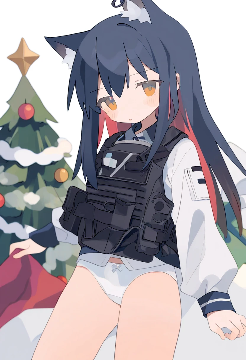 daizu \(melon-lemon\), - 1girl,texas \(arknights\),arknights,underwear,tactical vest,christmas tree,christmas ornaments,