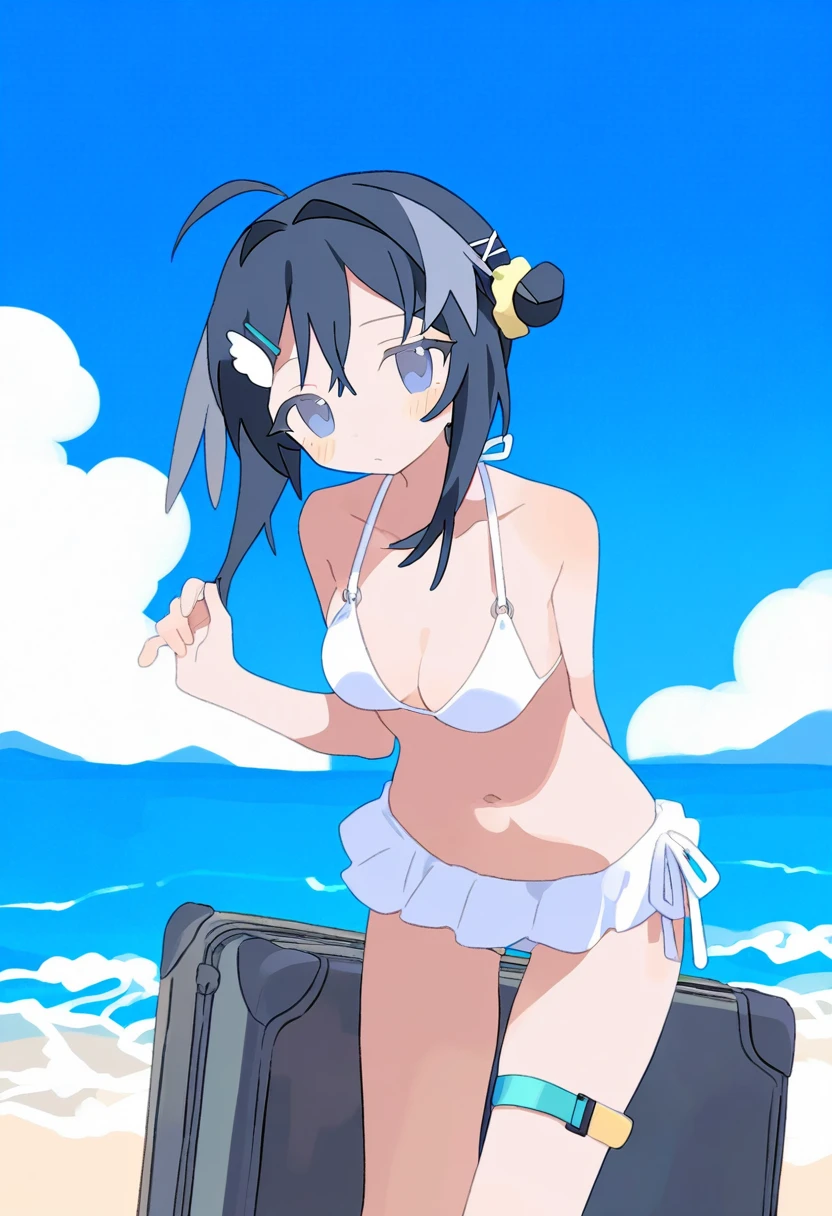 daizu \(melon-lemon\), - 1girl,la pluma \(summer flowers\) \(arknights\),arknights,white bikini,outdoors,navel,day,sky,blue sky,beach,suitcase,looking at viewer,ocean,low-tied long hair,leaning forward,standing,holding,frills,hand up,bare shoulders,floating hair,