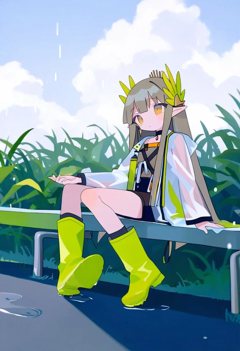 daizu \(melon-lemon\), - 1girl,muelsyse \(arknights\),arknights,cloudy sky,grass,on bench,outdoors,rain,road,yellow rubber boots,see-through coat,sitting,transparent raincoat,water drop,