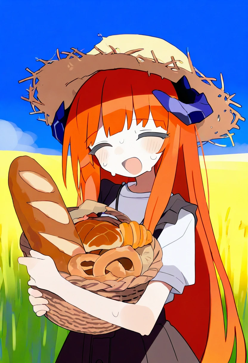 daizu \(melon-lemon\), - 1girl,bagpipe \(arknights\),arknights,baguette,blush,bread,croissant,holding basket,pretzel,upper body,straw hat,field,sky,laughing,sweat,sunlight,
