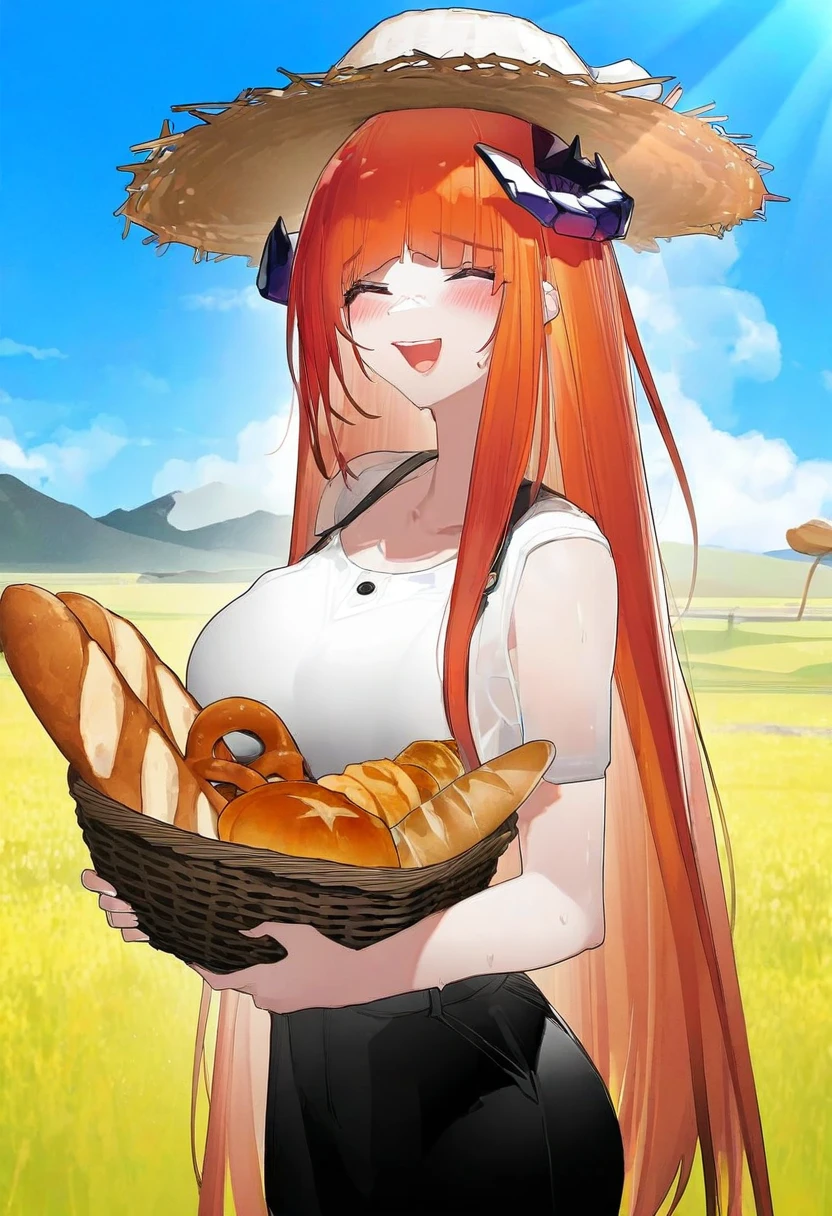 yushe quetzalli, - 1girl,bagpipe \(arknights\),arknights,baguette,blush,bread,croissant,holding basket,pretzel,upper body,straw hat,field,sky,laughing,sweat,sunlight,