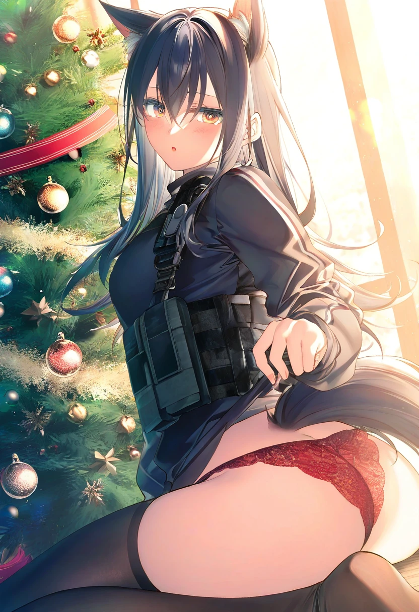 ((toosaka asagi)), - 1girl,texas \(arknights\),arknights,underwear,tactical vest,christmas tree,christmas ornaments,