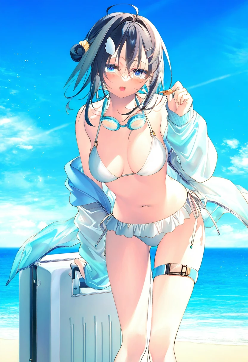 ((toosaka asagi)), - 1girl,la pluma \(summer flowers\) \(arknights\),arknights,white bikini,outdoors,navel,day,sky,blue sky,beach,suitcase,looking at viewer,ocean,low-tied long hair,leaning forward,standing,holding,frills,hand up,bare shoulders,floating hair,