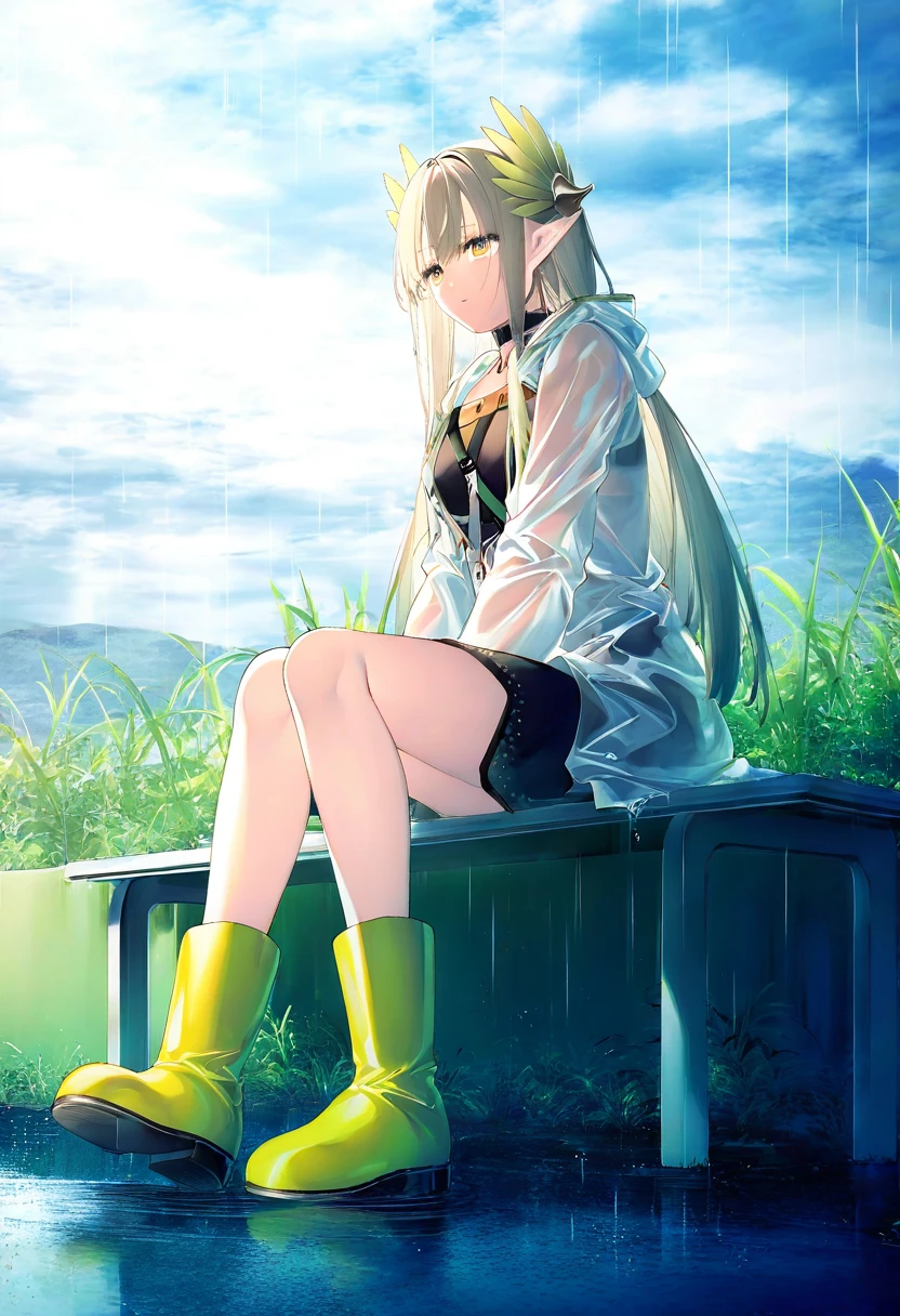 ((toosaka asagi)), - 1girl,muelsyse \(arknights\),arknights,cloudy sky,grass,on bench,outdoors,rain,road,yellow rubber boots,see-through coat,sitting,transparent raincoat,water drop,
