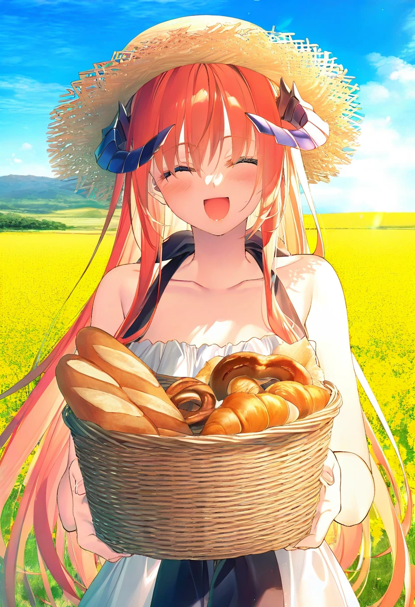 ((toosaka asagi)), - 1girl,bagpipe \(arknights\),arknights,baguette,blush,bread,croissant,holding basket,pretzel,upper body,straw hat,field,sky,laughing,sweat,sunlight,