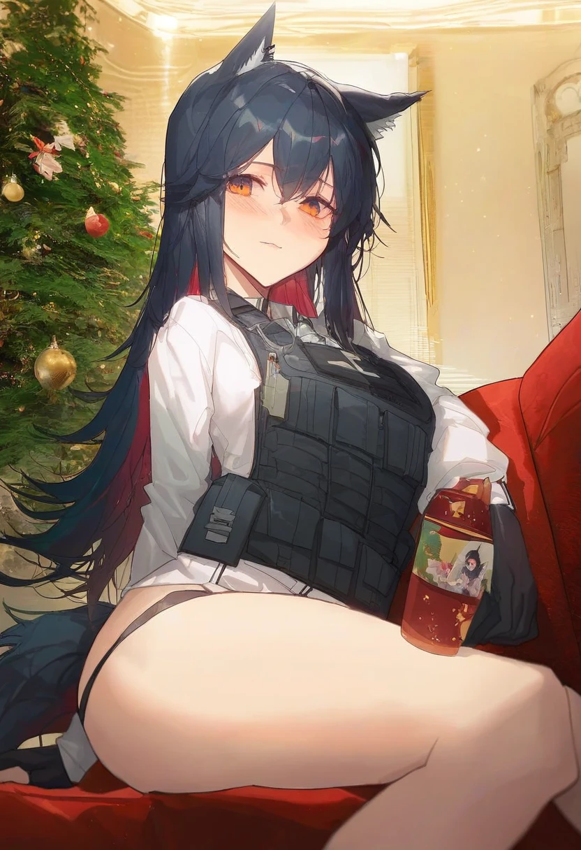 (kuroduki \(pieat\)), - 1girl,texas \(arknights\),arknights,underwear,tactical vest,christmas tree,christmas ornaments,