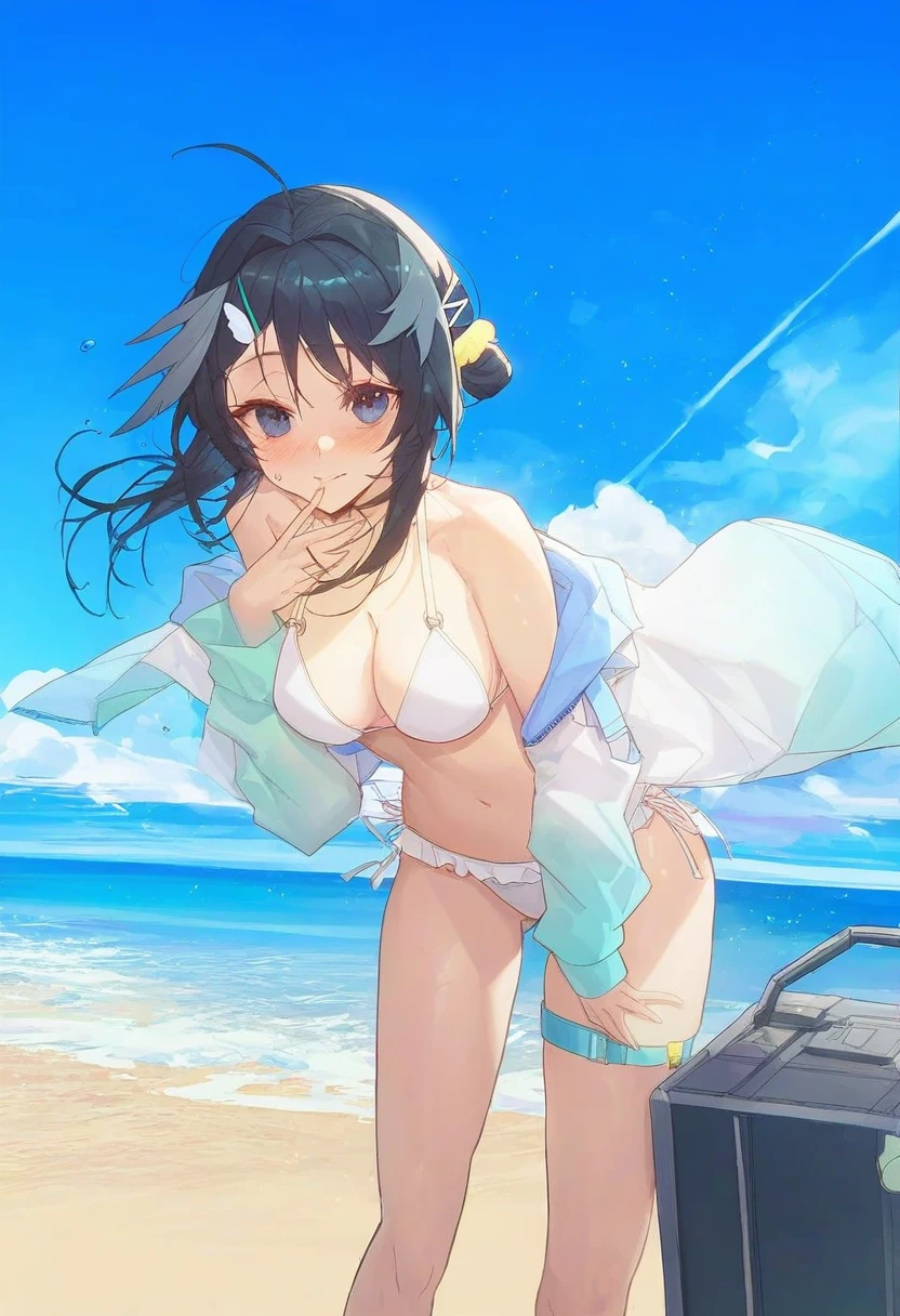 (kuroduki \(pieat\)), - 1girl,la pluma \(summer flowers\) \(arknights\),arknights,white bikini,outdoors,navel,day,sky,blue sky,beach,suitcase,looking at viewer,ocean,low-tied long hair,leaning forward,standing,holding,frills,hand up,bare shoulders,floating hair,