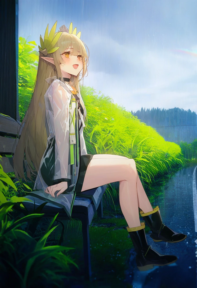 (kuroduki \(pieat\)), - 1girl,muelsyse \(arknights\),arknights,cloudy sky,grass,on bench,outdoors,rain,road,yellow rubber boots,see-through coat,sitting,transparent raincoat,water drop,