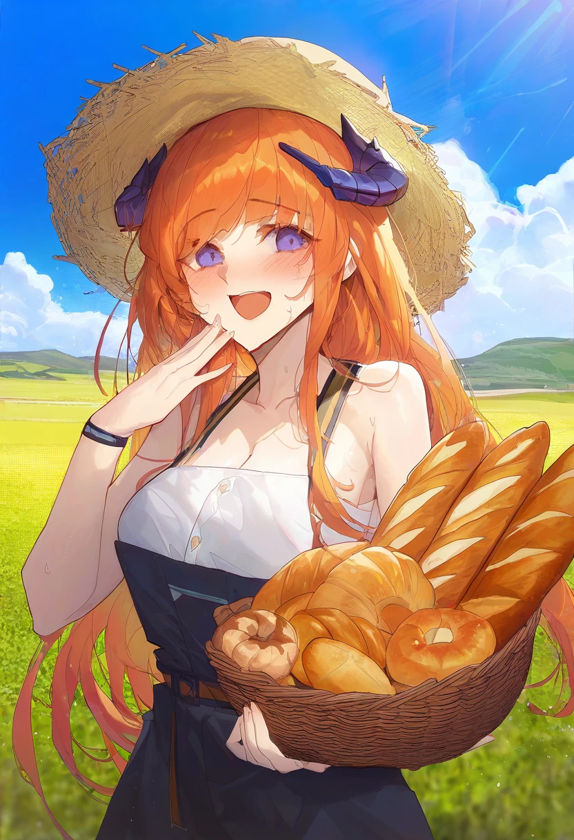 (kuroduki \(pieat\)), - 1girl,bagpipe \(arknights\),arknights,baguette,blush,bread,croissant,holding basket,pretzel,upper body,straw hat,field,sky,laughing,sweat,sunlight,