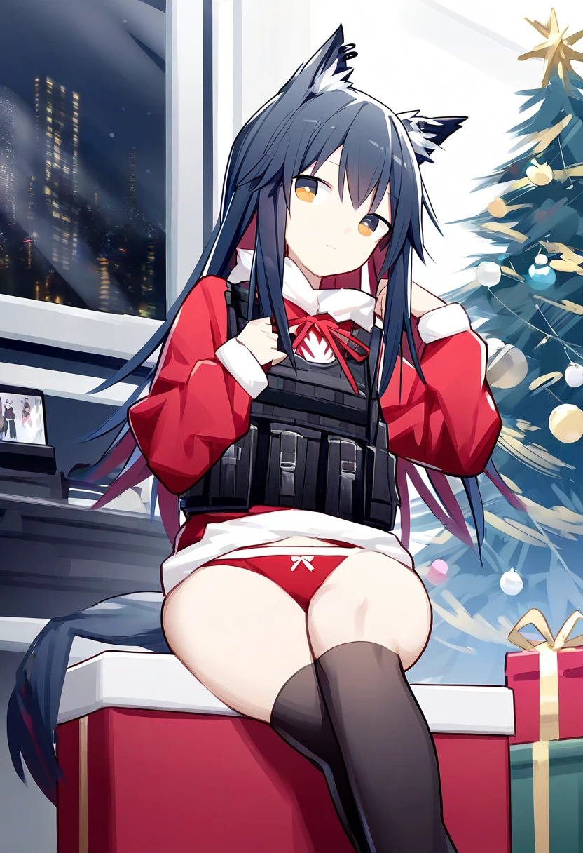 (((quan \(kurisu tina\)))), - 1girl,texas \(arknights\),arknights,underwear,tactical vest,christmas tree,christmas ornaments,