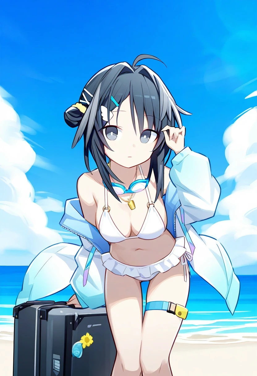 (((quan \(kurisu tina\)))), - 1girl,la pluma \(summer flowers\) \(arknights\),arknights,white bikini,outdoors,navel,day,sky,blue sky,beach,suitcase,looking at viewer,ocean,low-tied long hair,leaning forward,standing,holding,frills,hand up,bare shoulders,floating hair,