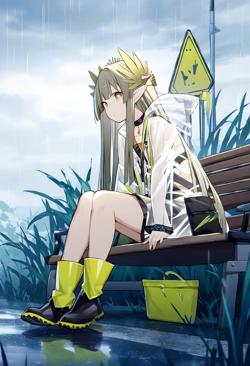 (((quan \(kurisu tina\)))), - 1girl,muelsyse \(arknights\),arknights,cloudy sky,grass,on bench,outdoors,rain,road,yellow rubber boots,see-through coat,sitting,transparent raincoat,water drop,