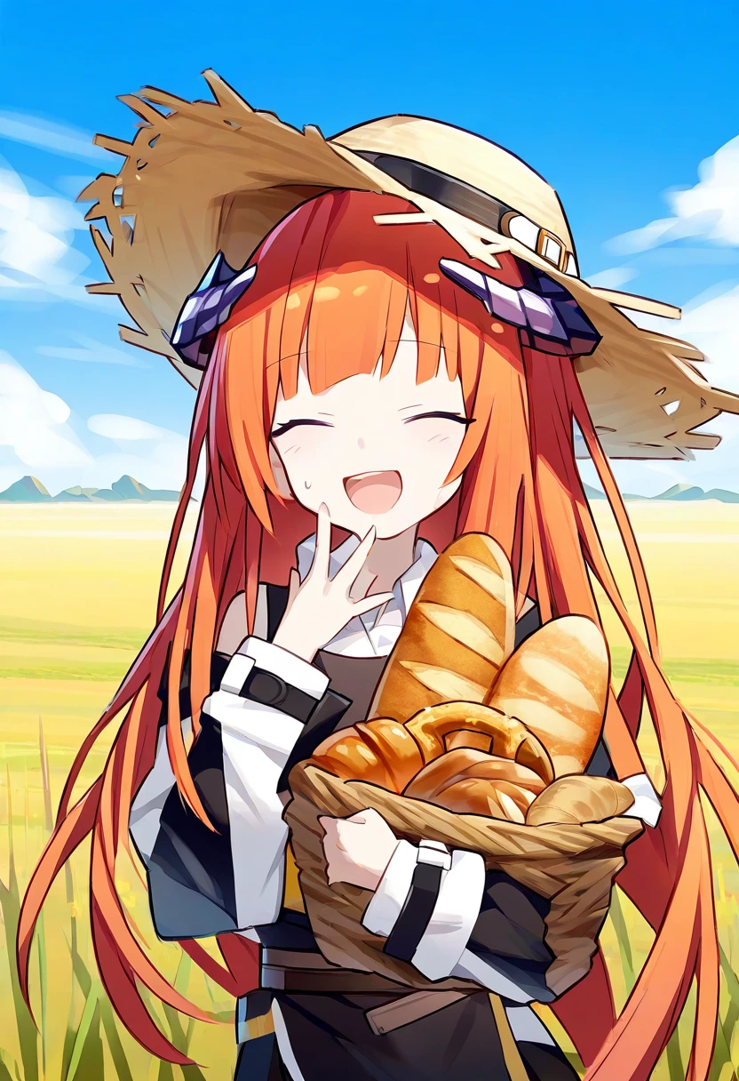 (((quan \(kurisu tina\)))), - 1girl,bagpipe \(arknights\),arknights,baguette,blush,bread,croissant,holding basket,pretzel,upper body,straw hat,field,sky,laughing,sweat,sunlight,