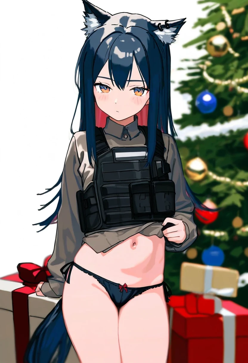 (toddler \(danasty\)), - 1girl,texas \(arknights\),arknights,underwear,tactical vest,christmas tree,christmas ornaments,