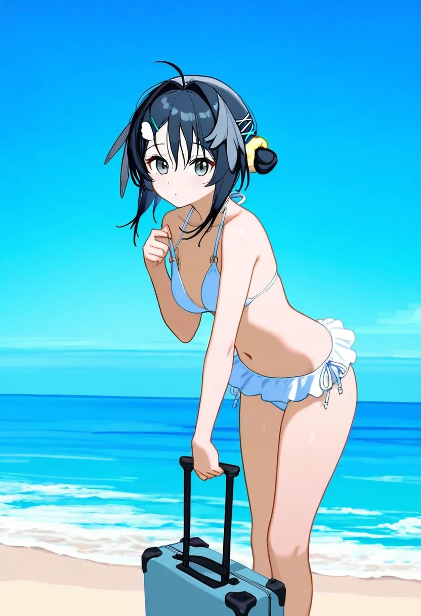 (toddler \(danasty\)), - 1girl,la pluma \(summer flowers\) \(arknights\),arknights,white bikini,outdoors,navel,day,sky,blue sky,beach,suitcase,looking at viewer,ocean,low-tied long hair,leaning forward,standing,holding,frills,hand up,bare shoulders,floating hair,