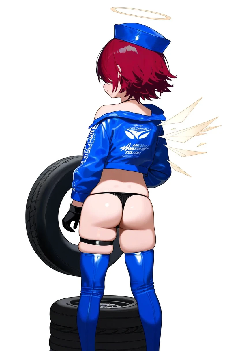 (toddler \(danasty\)), - 1girl,exusiai \(arknights\),arknights,black gloves,black panties,blue thigh boots,blue hat,blue jacket,long sleeves,race queen,thigh strap,thong,single bare shoulder,skindentation,tire,