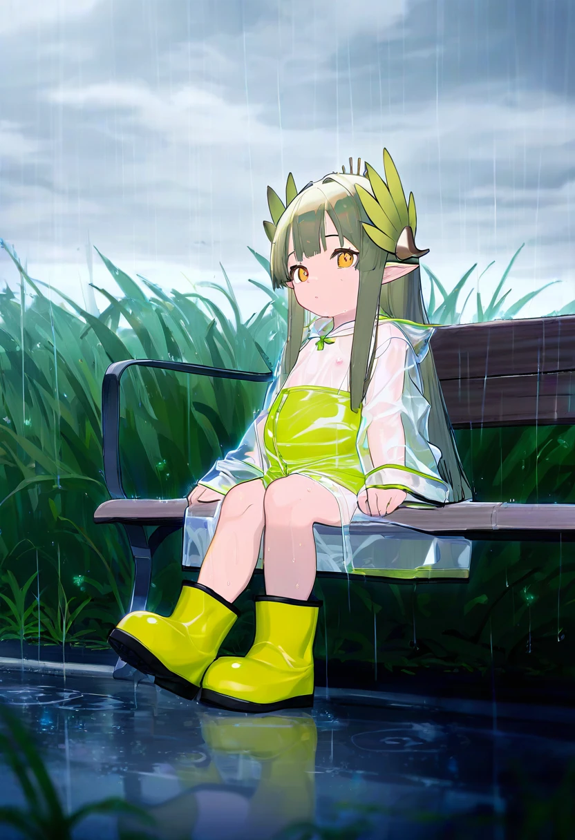 (toddler \(danasty\)), - 1girl,muelsyse \(arknights\),arknights,cloudy sky,grass,on bench,outdoors,rain,road,yellow rubber boots,see-through coat,sitting,transparent raincoat,water drop,