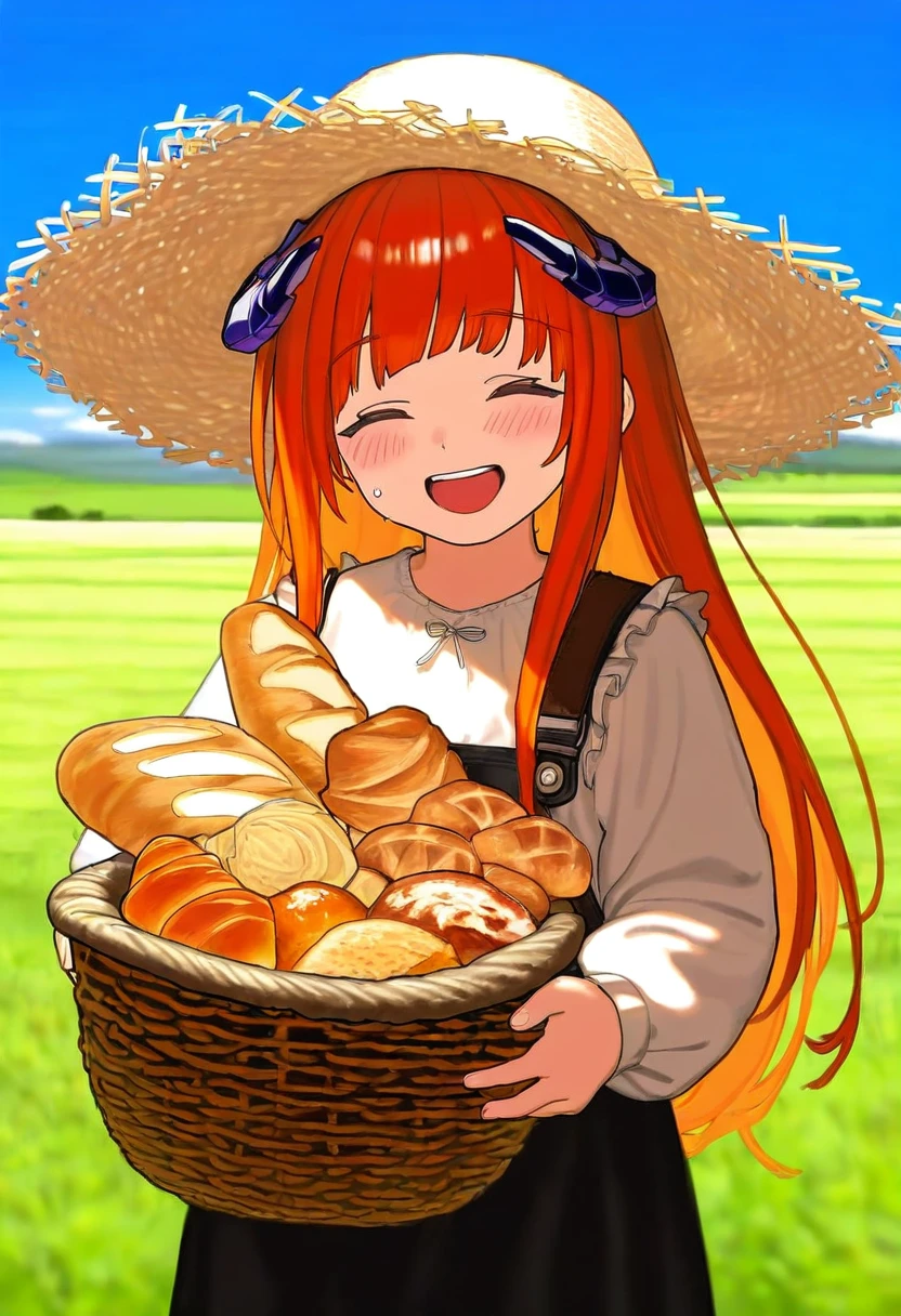 (toddler \(danasty\)), - 1girl,bagpipe \(arknights\),arknights,baguette,blush,bread,croissant,holding basket,pretzel,upper body,straw hat,field,sky,laughing,sweat,sunlight,