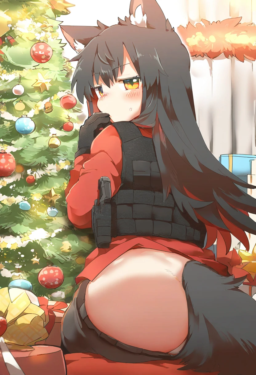 rebecca \(keinelove\), - 1girl,texas \(arknights\),arknights,underwear,tactical vest,christmas tree,christmas ornaments,