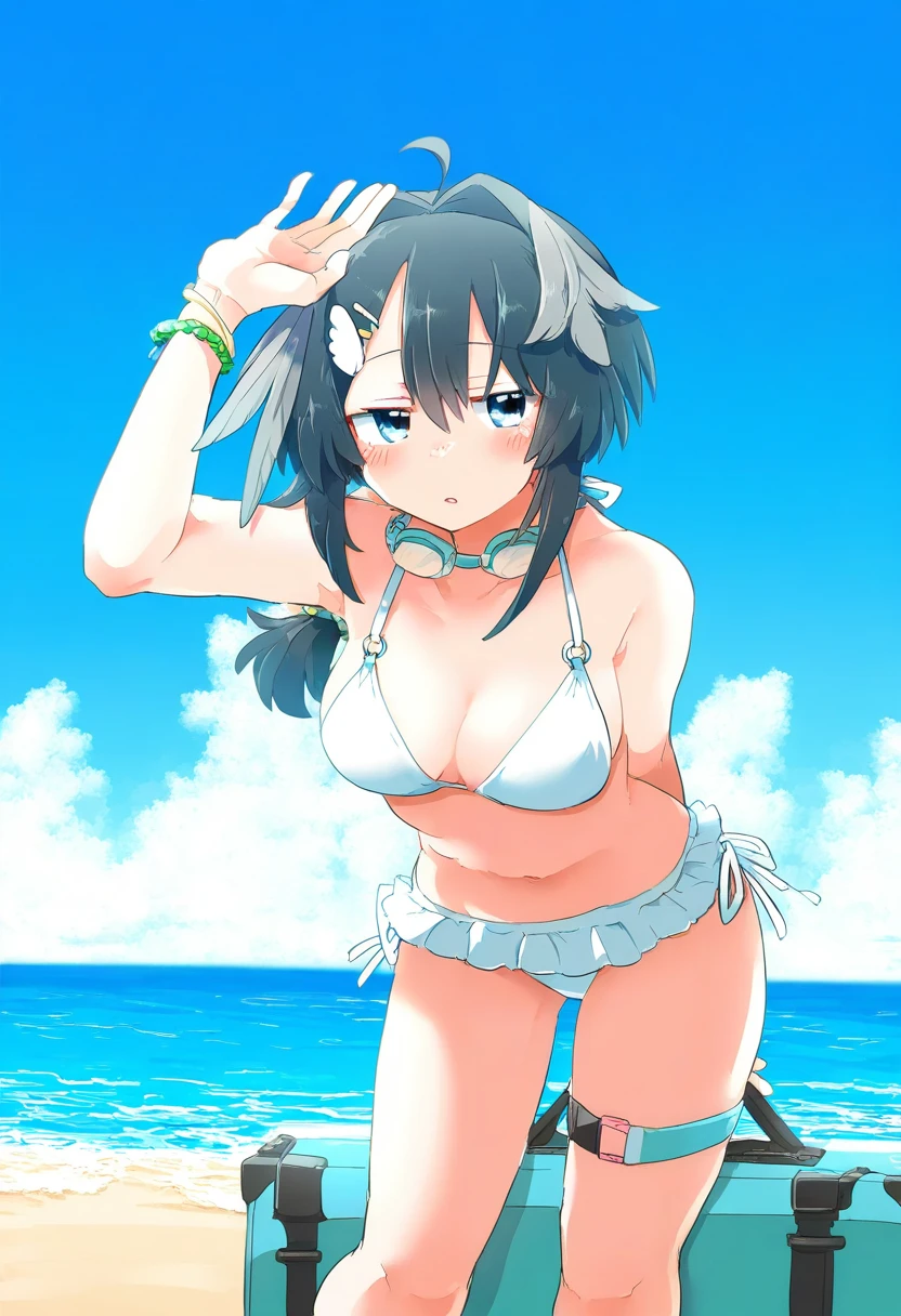 rebecca \(keinelove\), - 1girl,la pluma \(summer flowers\) \(arknights\),arknights,white bikini,outdoors,navel,day,sky,blue sky,beach,suitcase,looking at viewer,ocean,low-tied long hair,leaning forward,standing,holding,frills,hand up,bare shoulders,floating hair,