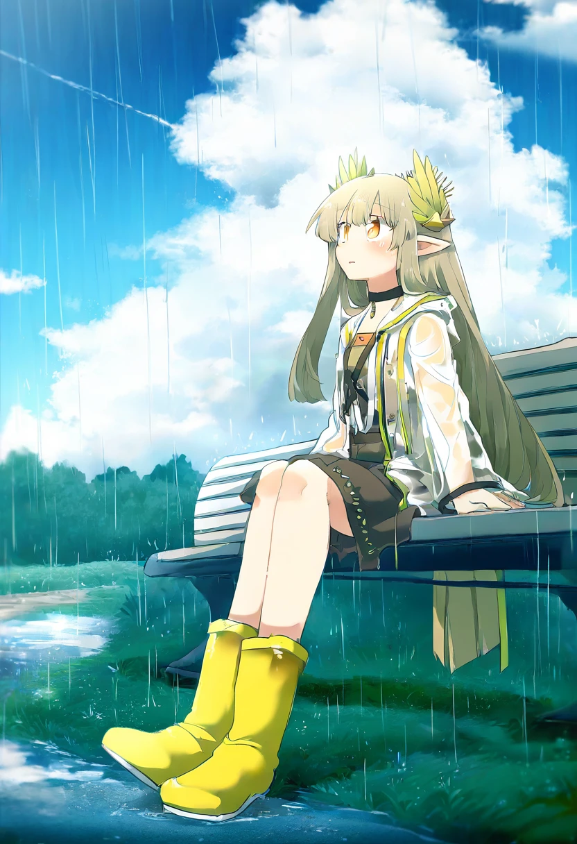 rebecca \(keinelove\), - 1girl,muelsyse \(arknights\),arknights,cloudy sky,grass,on bench,outdoors,rain,road,yellow rubber boots,see-through coat,sitting,transparent raincoat,water drop,