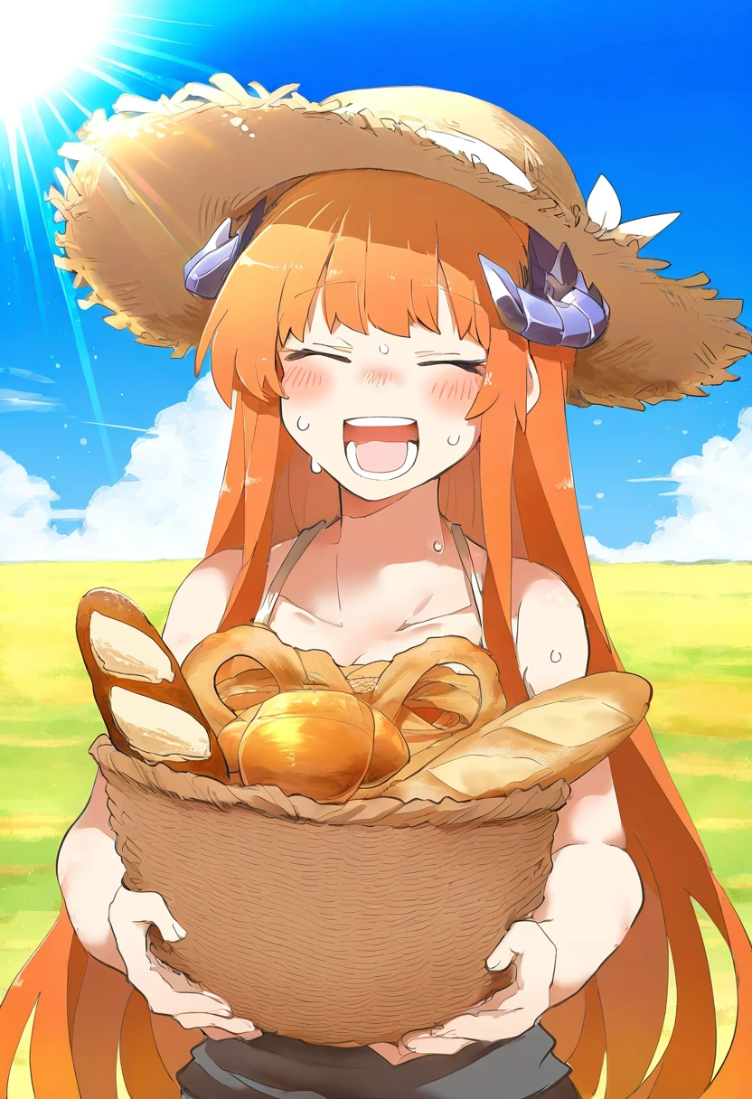 rebecca \(keinelove\), - 1girl,bagpipe \(arknights\),arknights,baguette,blush,bread,croissant,holding basket,pretzel,upper body,straw hat,field,sky,laughing,sweat,sunlight,