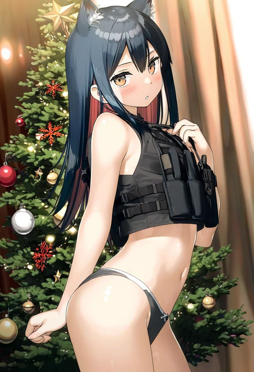 (kantoku), - 1girl,texas \(arknights\),arknights,underwear,tactical vest,christmas tree,christmas ornaments,