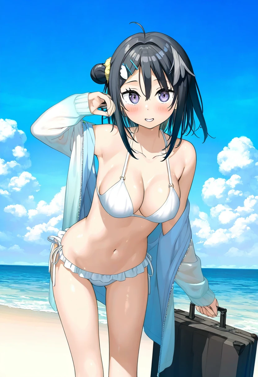 (kantoku), - 1girl,la pluma \(summer flowers\) \(arknights\),arknights,white bikini,outdoors,navel,day,sky,blue sky,beach,suitcase,looking at viewer,ocean,low-tied long hair,leaning forward,standing,holding,frills,hand up,bare shoulders,floating hair,