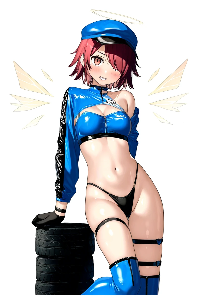 (kantoku), - 1girl,exusiai \(arknights\),arknights,black gloves,black panties,blue thigh boots,blue hat,blue jacket,long sleeves,race queen,thigh strap,thong,single bare shoulder,skindentation,tire,