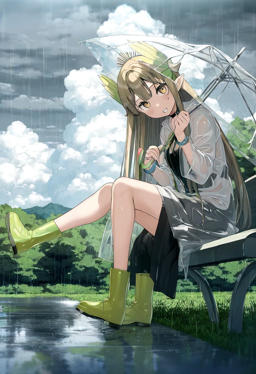 (kantoku), - 1girl,muelsyse \(arknights\),arknights,cloudy sky,grass,on bench,outdoors,rain,road,yellow rubber boots,see-through coat,sitting,transparent raincoat,water drop,