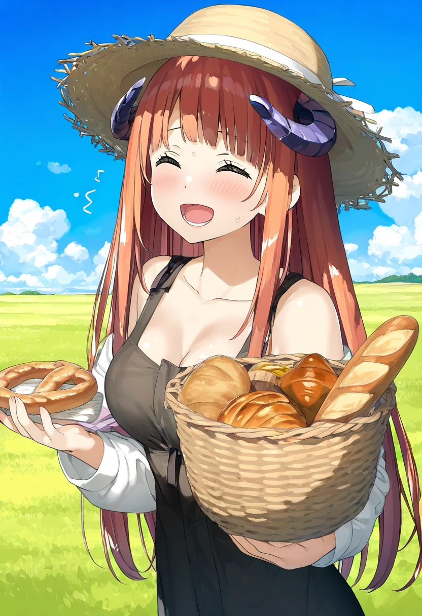 (kantoku), - 1girl,bagpipe \(arknights\),arknights,baguette,blush,bread,croissant,holding basket,pretzel,upper body,straw hat,field,sky,laughing,sweat,sunlight,
