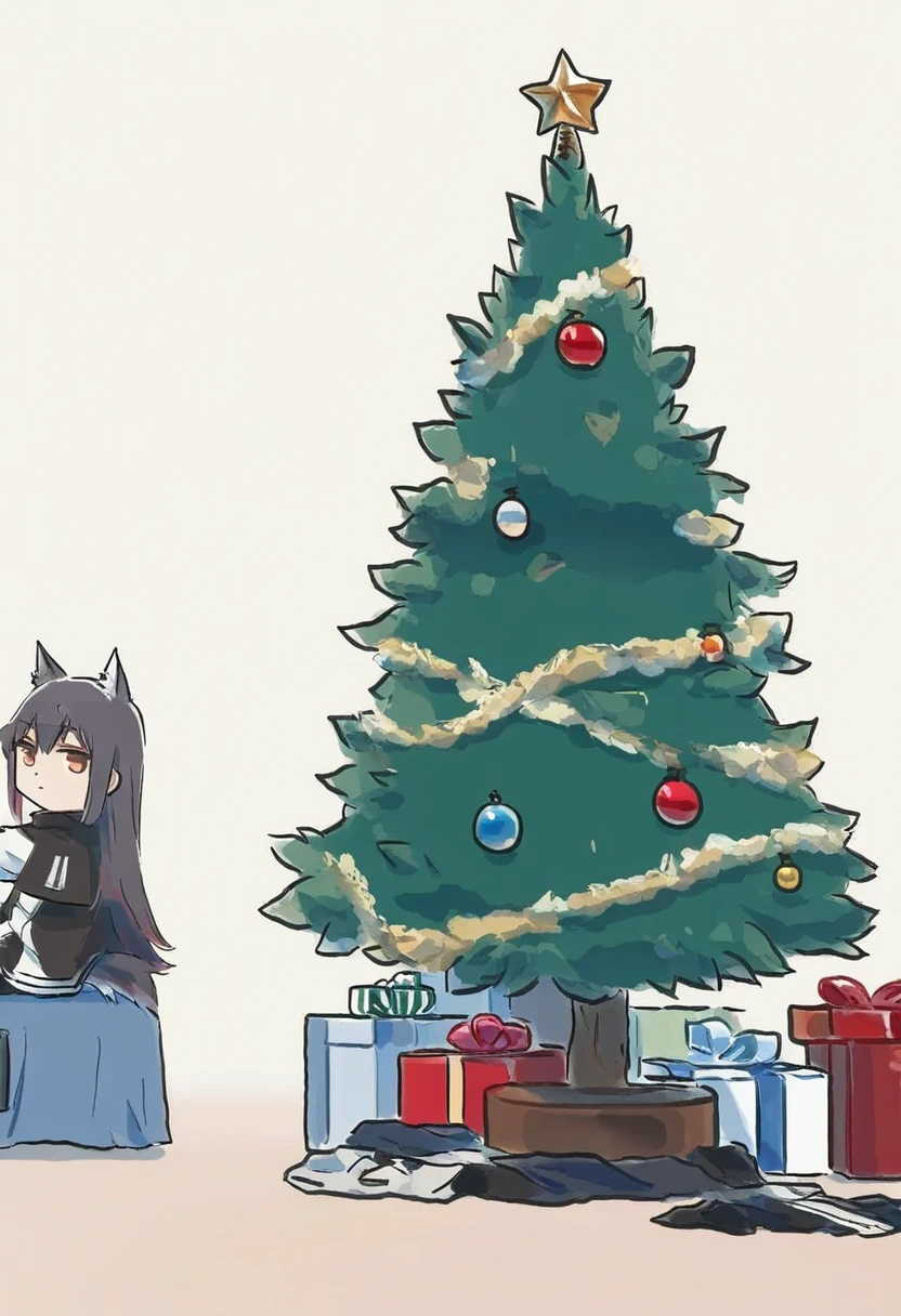 (xinzoruo), - 1girl,texas \(arknights\),arknights,underwear,tactical vest,christmas tree,christmas ornaments,