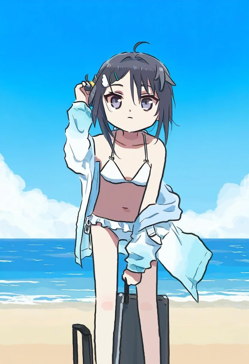 (xinzoruo), - 1girl,la pluma \(summer flowers\) \(arknights\),arknights,white bikini,outdoors,navel,day,sky,blue sky,beach,suitcase,looking at viewer,ocean,low-tied long hair,leaning forward,standing,holding,frills,hand up,bare shoulders,floating hair,