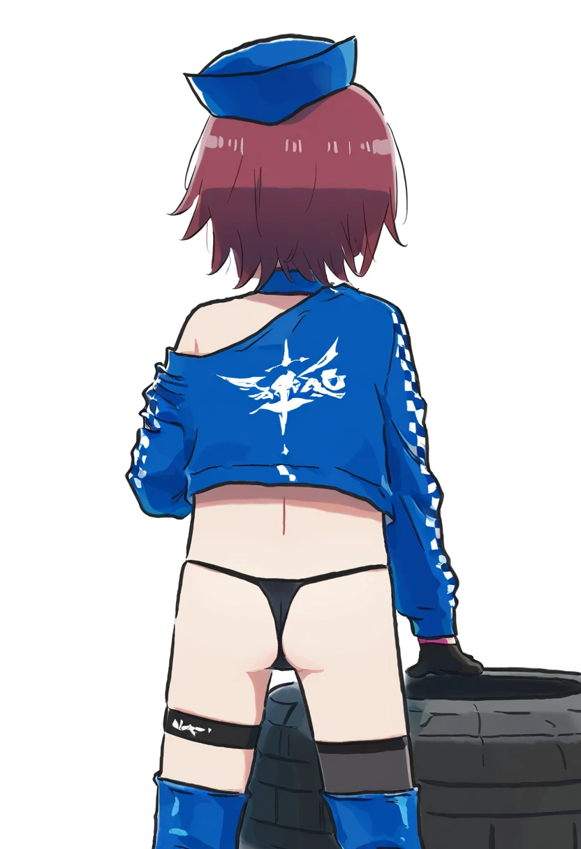 (xinzoruo), - 1girl,exusiai \(arknights\),arknights,black gloves,black panties,blue thigh boots,blue hat,blue jacket,long sleeves,race queen,thigh strap,thong,single bare shoulder,skindentation,tire,
