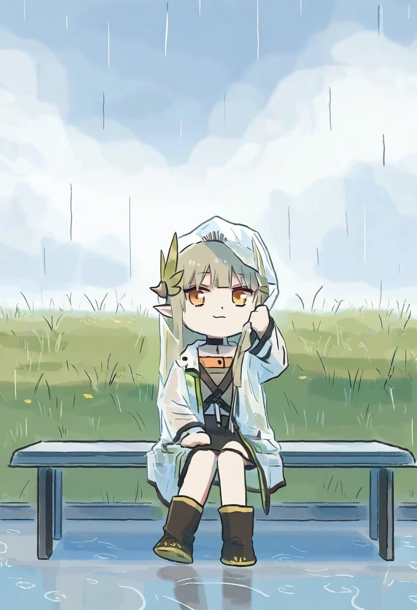 (xinzoruo), - 1girl,muelsyse \(arknights\),arknights,cloudy sky,grass,on bench,outdoors,rain,road,yellow rubber boots,see-through coat,sitting,transparent raincoat,water drop,
