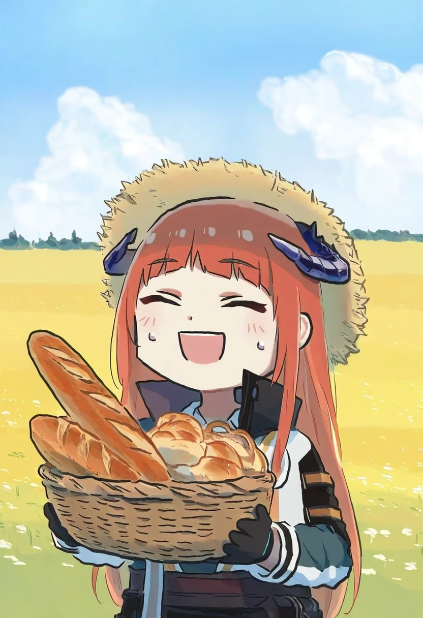 (xinzoruo), - 1girl,bagpipe \(arknights\),arknights,baguette,blush,bread,croissant,holding basket,pretzel,upper body,straw hat,field,sky,laughing,sweat,sunlight,