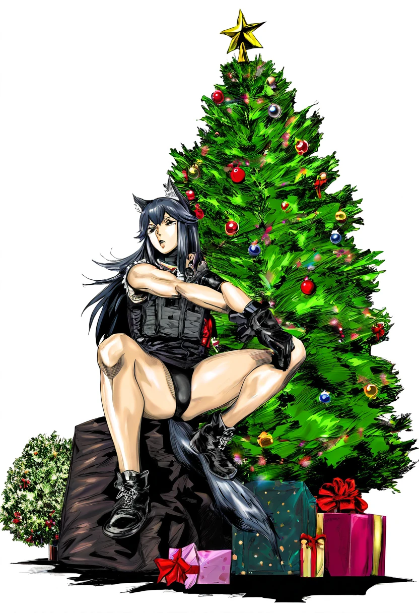 ((((((araki hirohiko \\(style\\))))))), - 1girl,texas \(arknights\),arknights,underwear,tactical vest,christmas tree,christmas ornaments,