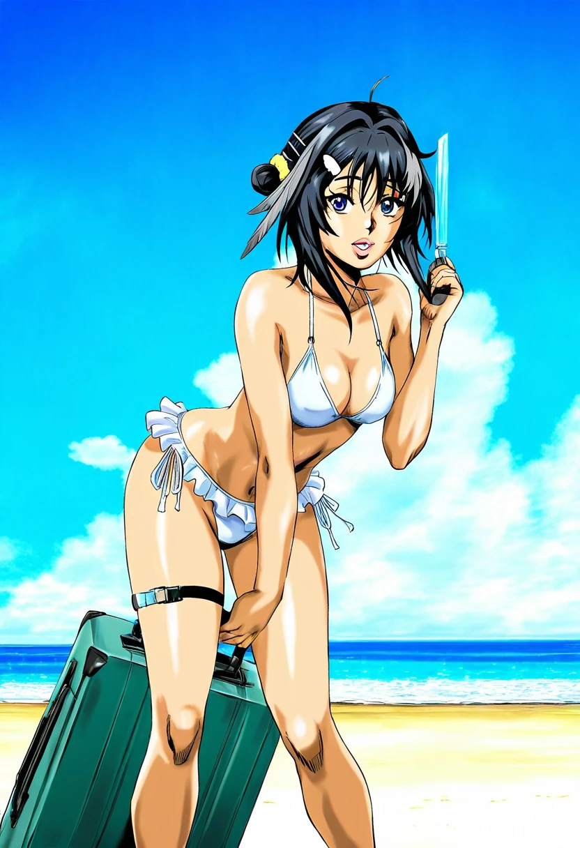 ((((((araki hirohiko \\(style\\))))))), - 1girl,la pluma \(summer flowers\) \(arknights\),arknights,white bikini,outdoors,navel,day,sky,blue sky,beach,suitcase,looking at viewer,ocean,low-tied long hair,leaning forward,standing,holding,frills,hand up,bare shoulders,floating hair,