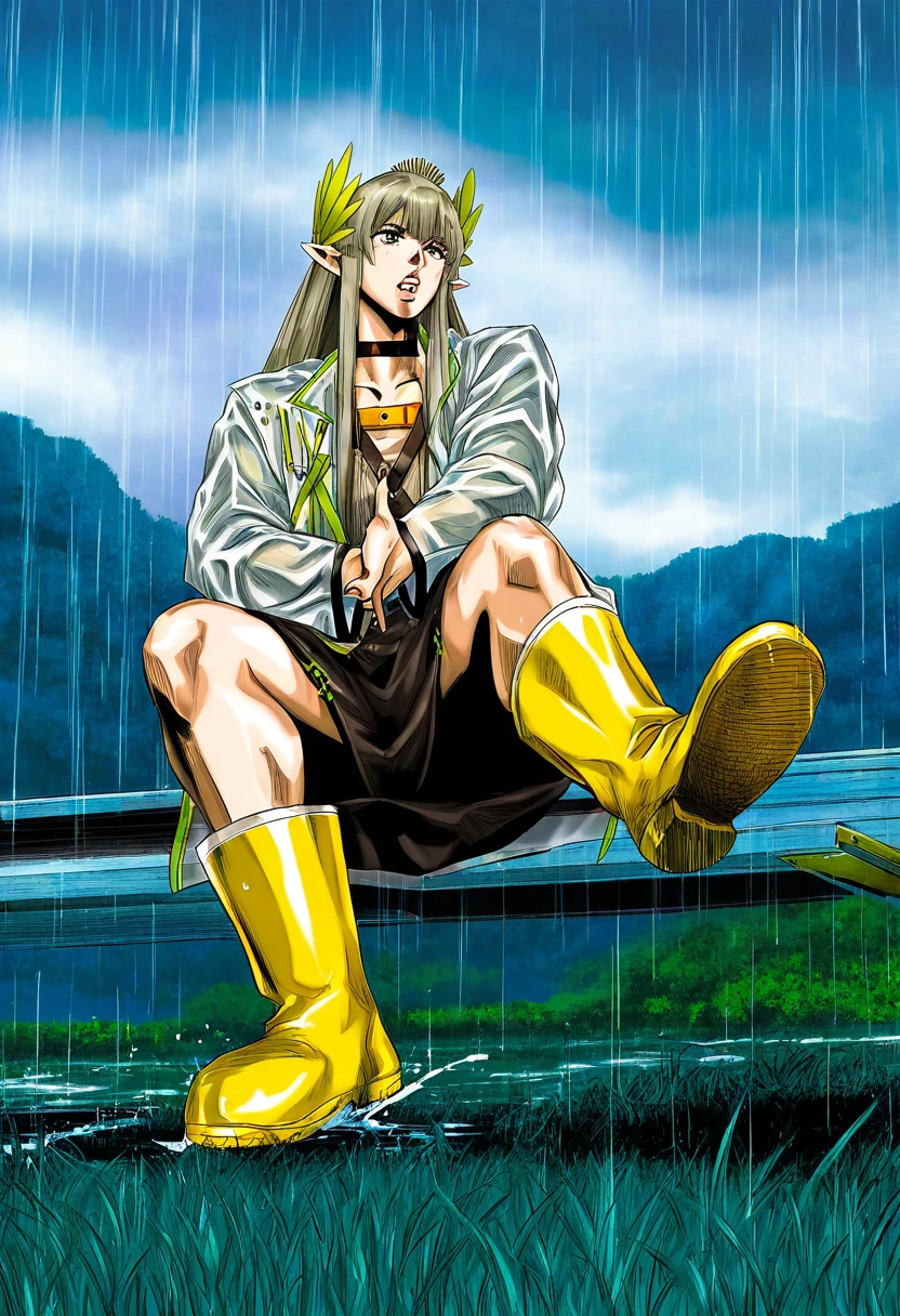 ((((((araki hirohiko \\(style\\))))))), - 1girl,muelsyse \(arknights\),arknights,cloudy sky,grass,on bench,outdoors,rain,road,yellow rubber boots,see-through coat,sitting,transparent raincoat,water drop,