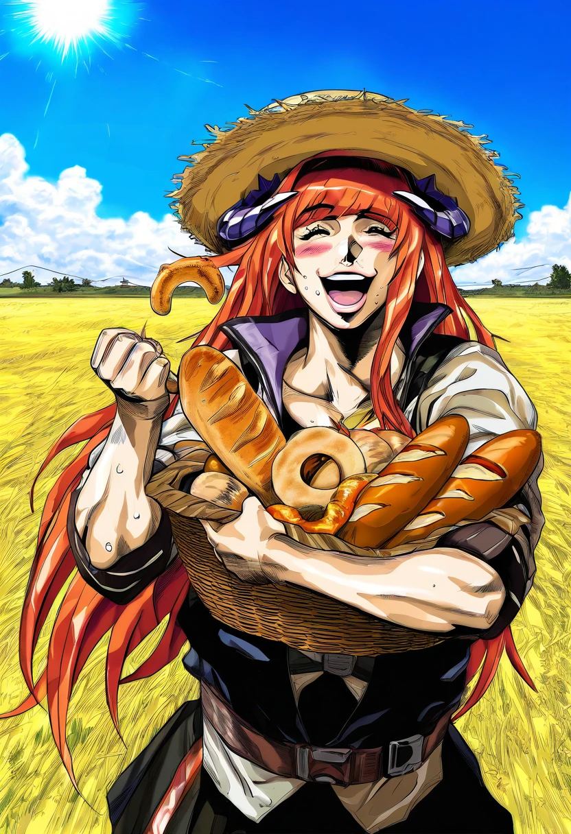 ((((((araki hirohiko \\(style\\))))))), - 1girl,bagpipe \(arknights\),arknights,baguette,blush,bread,croissant,holding basket,pretzel,upper body,straw hat,field,sky,laughing,sweat,sunlight,